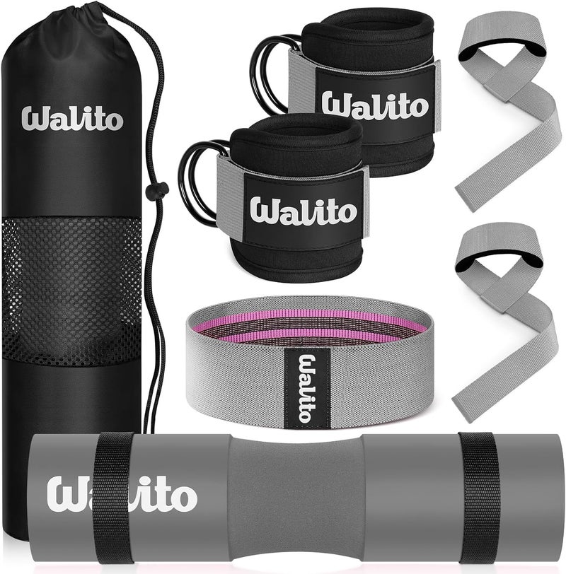 WALITO 7Pcs Barbell Pad Set for Hip Thrust - Squat Pad,Gym Accessories for Women with Bar Bad,Bench Press, with Gym Ankle Straps,Resistance Bands for Working Out,Lifting Strap,Carry Bag - Image 1